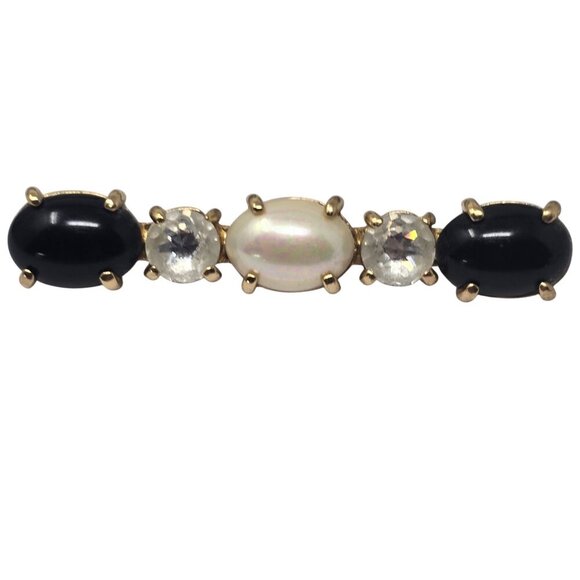 Christian Dior Vintage Art Glass Black Cabochon & Faux Pearl Bar Brooch Pin - Picture 1 of 3